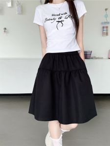 Black Elastic Waist with Pocket Skirt Womens Summer Plus Size High Waist Figure Flattering Puffy Dress Easiest for Match Cover Cross A- line Mid-Length Dress