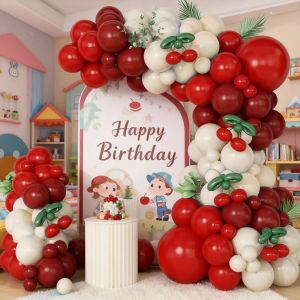 114-Piece Cherry Party Theme Balloon Set Including Matte Red Vintage Burgundy Dark Green Long Strips and Sand White Latex Balloons Suitable for Birthday Parties Friend Gatherings Girls Birthdays Cherry-Themed Parties Party Supplies Baby Showe...