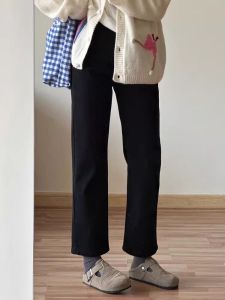 High Waist Straight Leg Fleece Lined Denim Jeans Womens Autumn Winter plus Size Slimming Elastic Hip Covering Nine Point Pants