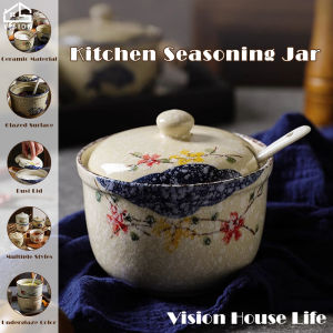 Vision 350ml Ceramic Seasoning Jar with Lid Chinese Seasoning Box with Spoon Household Condiment Bottle Spice Bottle Salt Sugar Cans Pepper Oil Spicy Ceramic Pot Kitchen Utensils