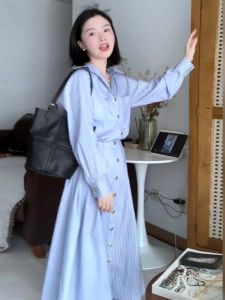 Blue Striped High Waist Long Sleeve Polo Collar Shirt Dress Womens A-Line Skirt Casual French Style New 2025 Polyester Fiber