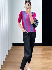 Casual Summer Womens Folded Sleeve round Neck Color Block Top And Straight Leg Nine Points Pants Two Piece Set Polyester Fiber