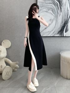 Hebe Style Elegant Sleeveless Long Dress Womens Summer 2024 Waist-Cinching Slimming Gown High-End Fabric A-Line Skirt