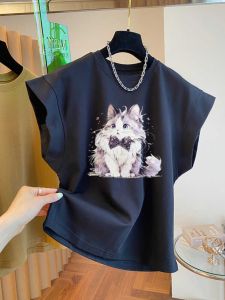 Summer 2024 New Design Sense Fun Cartoon Cat Printing Shoulder Flying Sleeves Pure Cotton Short Sleeve T-Shirt Women