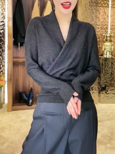 QINGNAER | High End Cross V Neck Knitted Top Slim High Waist Elegant Spring