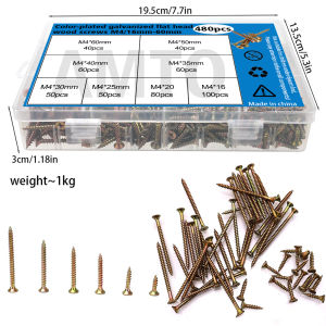 480-Piece Set of Color-Plated Galvanized Flathead Wood Screws M4 Lengths 16mm/20mm/25mm/30mm/35mm/40mm/50mm/60mm
