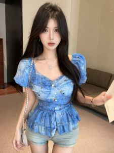 GUZILIAN | French Elegant Chic Square Collar Bubble Sleeve Tie Dye Floral Shirt Waist Cinched Pleated Skirt Top Women Summer Shirt