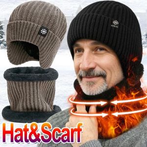 Winter Warm Knitted Hat and Scarf Set Plush Thicken Beanies for Men Women Outdoor Cycling Ear Protection Cold-proof Cap