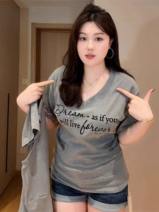 plus Size Womens Grey Letter Print V-Neck Short Sleeve T-Shirt Slimming Summer Top Korean Style Commute Fashion Regular Fit