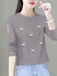 Áo Thun Cotton Dài Tay Cổ Tròn Dáng Ôm Vừa Vặn Mùa Xuân 2024 Áo Thun Nữ Dáng Rộng Ngắn in Họa Tiết Phong Cách Hàn Quốc