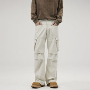 กางเกงทำงานทรงหลวมสไตล์อเมริกันย้อนยุคสีขาวเทา กางเกงขายาวทรงตรงสำหรับผู้ชายและผู้หญิง กางเกงขายาวทรงตรงแบบลำลอง