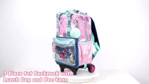 【Selangor Ready Stock】IvyH School Bag Trolley for Girls Childrens Backpack with Wheels School Backpacks with Lunch Bag Pencil Case School Bag for Girls Teenagers