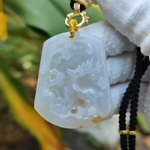 Natural Type A Jadeite carved with deer  Icy Highly Translucent with russet patches  NGI Certification with weight at 72.1 grams  [41.51 * 33.32 * 6.08 mm] - Premium Myanmar Jadeite Pendant (pendant144)