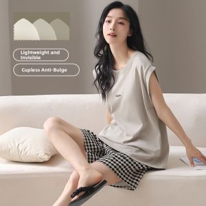 Miiow | Pure Cotton Sleeveless Sleepwear Set For Women Summer Lightweight Loose Home Clothes With Chest Pad Short Pants Casual Style
