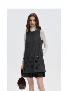 New Autumn Wool Blend Grey Backless Dress With Beads