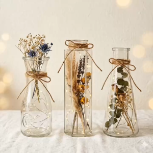 Combo 3 Lọ Hoa Thủy Tinh Decor Bình Hoa Cổ Eo Lục Giác Tam Giác Kèm Dây Thừng Và Ðèn Led Vintage