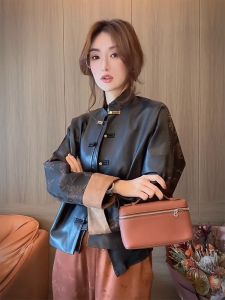 New Chinese Style Black Leather Jacket Womens Top Buttoned Outerwear Spring 2024 Fashion Trend Simple Color Commute Style