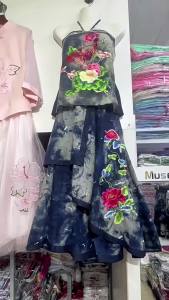 Ethnic Style Batik Skirt Cotton Linen Ink Painting Embroidered Three-Layer Large Swing Skirt Female Travel Ethnic Large Flower Skirt