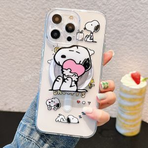 ♥Ready Stock +FREE Shipping+COD♥Cartoon Love Heart Snoopy Kickstand Magnetic Wireless Charging Phone Case Compatible for iPhone 15 14 Plus 13 12 Pro Max 11 11Promax Full Coverage TPU Mobile Casing