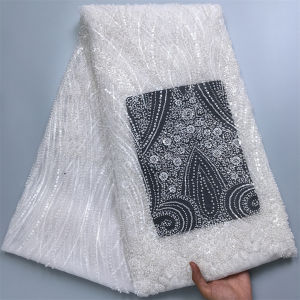 Luxury White African Mesh Tulle Lace Fabric 5Yards Heavy Beaded and Sequins Pearl Net Lace For Wedding Bridal Dress Sewing