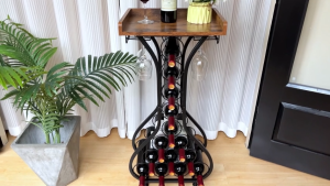 Floor Standing Wine Rack Wine Rack With Glass Holder Wine Rack Organizer Wine Holder Stand Metal Display Rack 14 Bottles Floor Wine Storage Wood Tabletop for Home Bar Kitchen Living Room Restaurants