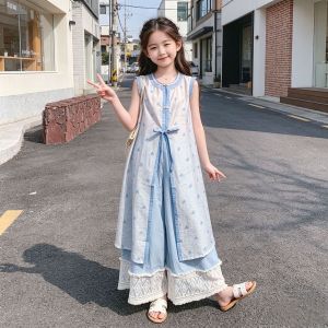 Chinese Style Floral Vest and Wide Leg Pants Set