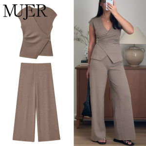 MUJER 2025 Baggy Pants Set 2 Piece Woman Summer Wide Leg Pants Womens Suit Knit Sleeveless Top Woman Outfit Casual Lady Sets