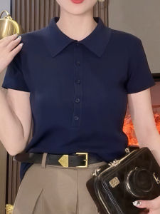 Elegant Solid Color Short Sleeve Polo Neck T-Shirt Womens Summer New Simple Slimming Versatile Top Fashion Commute Style