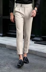 Mens Gurkha High Waist Pleated Cuffed Cropped Dress Pants Polyester Viscose Elastane Business Casual Black Beige Trousers