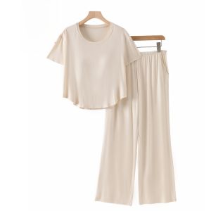 MiiOW | ชุดนอนผู้หญิงฤดูร้อน MiiOW 2025 ทรงหลวม แขนสั้น กระโปรงยาว ใส่อยู่บ้าน ผ้าฝ้ายผสมโพลีเอสเตอร์ ระบายอากาศได้ดี