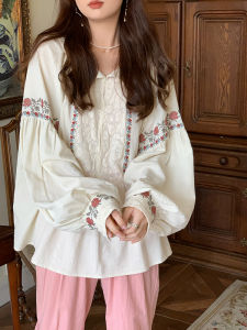 Áo Sơ Mi Dài Tay Thêu Cổ Điển Cho Nữ Mùa Xuân Thu Thiết Kế Độc Đáo Cổ Thuyền Cotton Dáng Rộng Thoải Mái