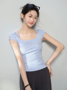 French V-Neck Fitted Short Sleeve T-Shirt Breathable Slim Fit Womens Top