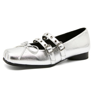 รองเท้าส้นเตี้ย Mary Jane สำหรับผู้หญิง สีเงิน ทรงหัวเหลี่ยม ทรงหัวมน สายรัดเท้า รองเท้าแฟชั่น ฤดูใบไม้ผลิ 2025