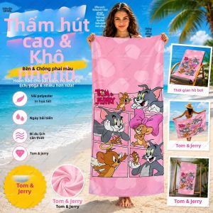 52TOYS | Khăn Tắm Bãi Biển Hình Trái Tim Màu Hồng T-Tom&Jerry Comic Panel Khăn Tắm Nhanh Khô Thấm Hút 100% Polyester Nơ Dễ Thương Thiên Thần Jerry In Hình Anime Khăn Tắm Bơi Lội