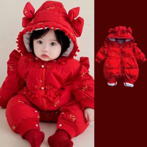 Newborn Baby New Year Outfit Winter Thickened Cotton Romper Celebratory Red Clothes One Hundred Days Anniversary Female Baby