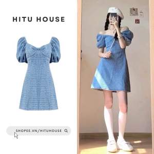 Đầm Jean Xước Nổi Xanh Nhạt Cổ Xoắn Nơ Tay Bồng Chiết Eo - Hitu House [D.02]