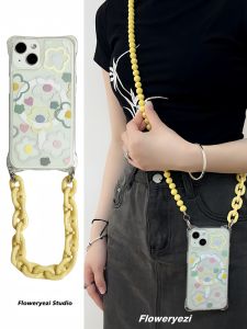 Fresh Style Ins Line Flower Crossbody Phone Case Summer iPhone16Promax Handheld Chain Anti-fall Suitable for Apple15 Four Corner Hole Magnetic Absorption 13pro Transparent Silicone 14