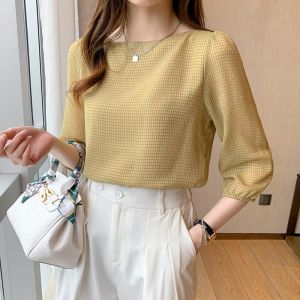 Elegant One-Shoulder T-Shirt Womens Summer 2025 Fashionable Seven-Sleeve Plaid Chiffon Shirt Trendy Top Korean Style Straight Cut Lantern Sleeve