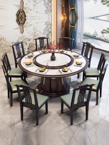 New Chinese Style Solid Wood Rock Plate Dining Table And Chair Combination round Table with Rotating Plate for 12 People Home Hotel Restaurant