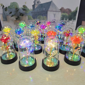 LED Glowing Rose Artificial Flower Gold Foil Rose Glass Cover Eternal Fake Flower Gift Box Christmas Anniversary Birthday Valentines Day Creative Gift