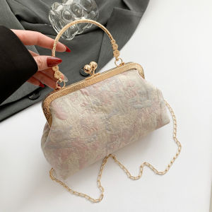 Retro Fashionable Womens Handbag Chain Strap Dinner Bag Stylish Single Shoulder Crossbody Bag Soft Iron Material Floral Pattern