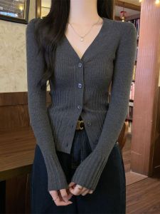 Áo Len Cardigan Dệt Kim Cổ Chữ V Cho Nữ Áo Lót Ôm Vừa Vặn Chất Liệu Mềm Mại Dài Tay Màu Trơn Mùa Thu Dài Thường
