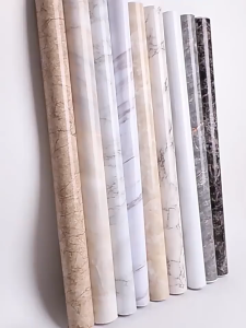 Wallpaper Dinding Dapur 6 Meter X 60cm Alumunium Foil Motif Marmer Dasar Putih Corak Abu2 Dan Kuning