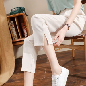 WANGGONGZHU | Summer Thin Ice Silk Cigarette Pants Womens Small Size New High Waist Slim Straight Split Nine Points Suit Pants Princess Style
