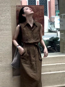 YUFUQING | French Polo Collar Sleeveless Coffee Color Womens Dress Slimming Waist Summer New Style Long Split Skirt H-Line Polyester Fiber