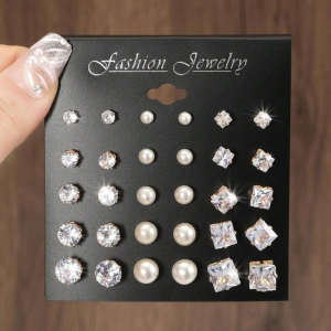 15pairs Cubic Zirconia & Faux Pearl Decor Stud Earrings,Suitable For Holidays Parties Dates Gifts Everyday Wear