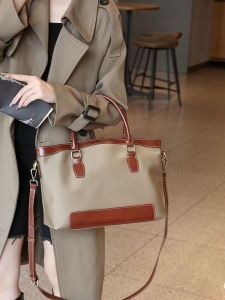 2025 Genuine Leather Oxford Cloth Tote Bag Womens Bag Large Capacity Commuter Single Shoulder Handbag Casual Pure Color