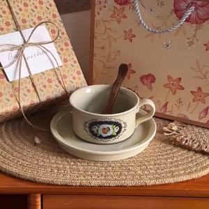 Stylish Camellia Patterned Ceramic Mug with Saucer Birthday Gift for Bestie