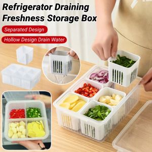 Refrigerator Draining Freshness Storage Box 6 Grids Fresh Sealed Food Storage Containers Drain Basket Vegetable Fruit Crisper Box