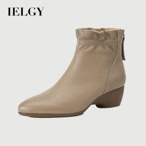 IELGY Martin Boots Womens Soft Leather Short Boots Vintage Thin Fleece Apricot Color